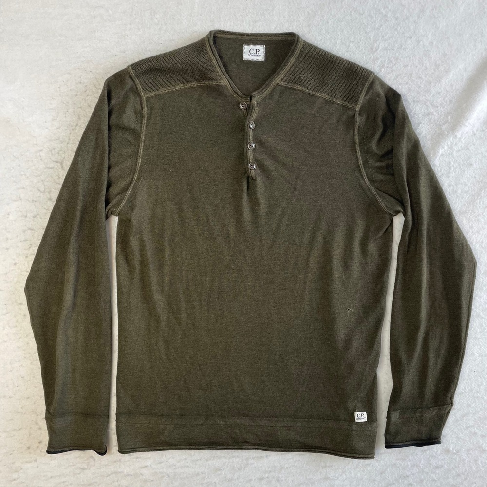 CP Company Henley Sweater Mens 48 Olive Green 100% Wool Long Sleeve Pullover